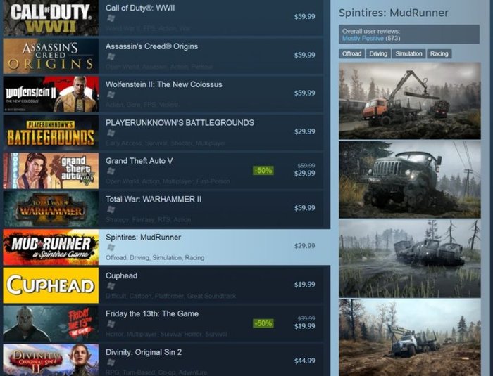 Spintires: MudRunner - в топе продаж Steam